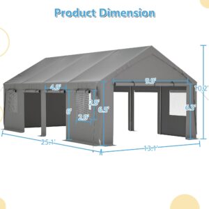 Thanaddo Carport 13'x 25' Heavy Duty Car Port with Roll-up Sidewall and Ventilated Windows with Removable Sidewalls,Portable Outdoor Garage for Car,Truck,Boat,Car Canopy,Gray Carports