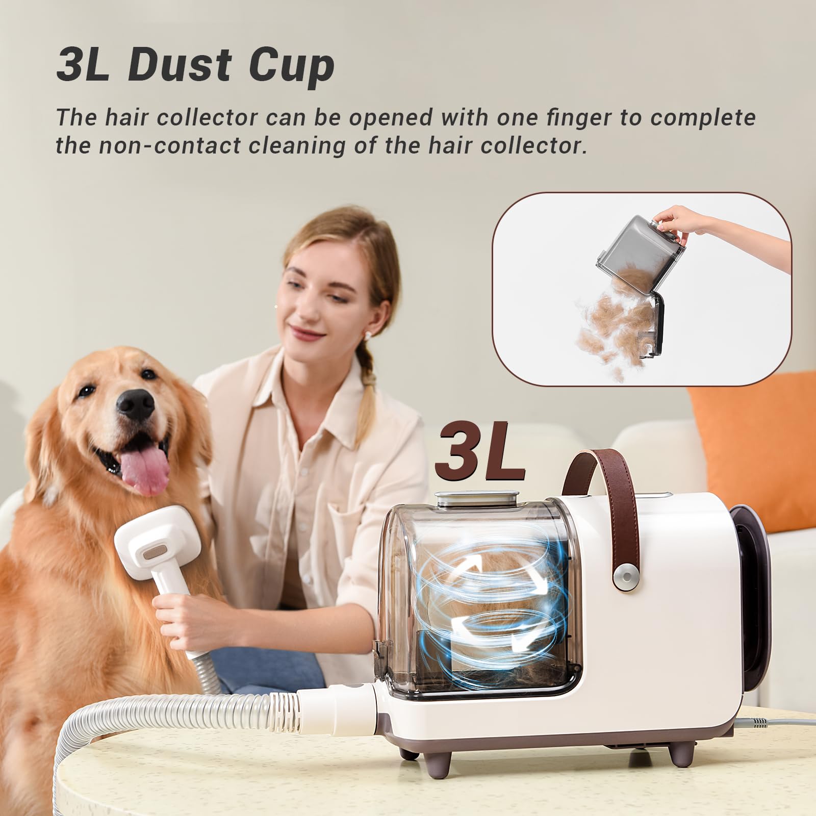 Bunfly Dog Grooming Kit & Dog Hair Vacuum, 3L Large Capacity Dust Cup,13,000KPa Powerful Suction, 99% Pet Hair Removal, 16 Grooming Tools for Dogs, Cats & More, Home Cleaning - Brown