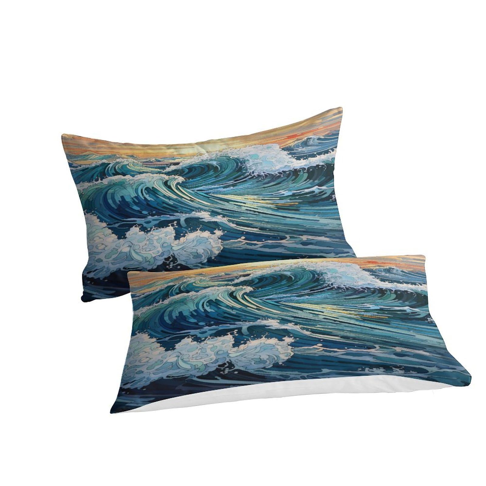 LITINGZHILONG Big Wave Bed 3-Piece Set Japanese Ocean Boat Japan Mount Fuji Ocean Wave Sunset Sun Asian Art Room Bedroom Bed Personalized Japanese Style Theme Bed Quilt Cover Twin