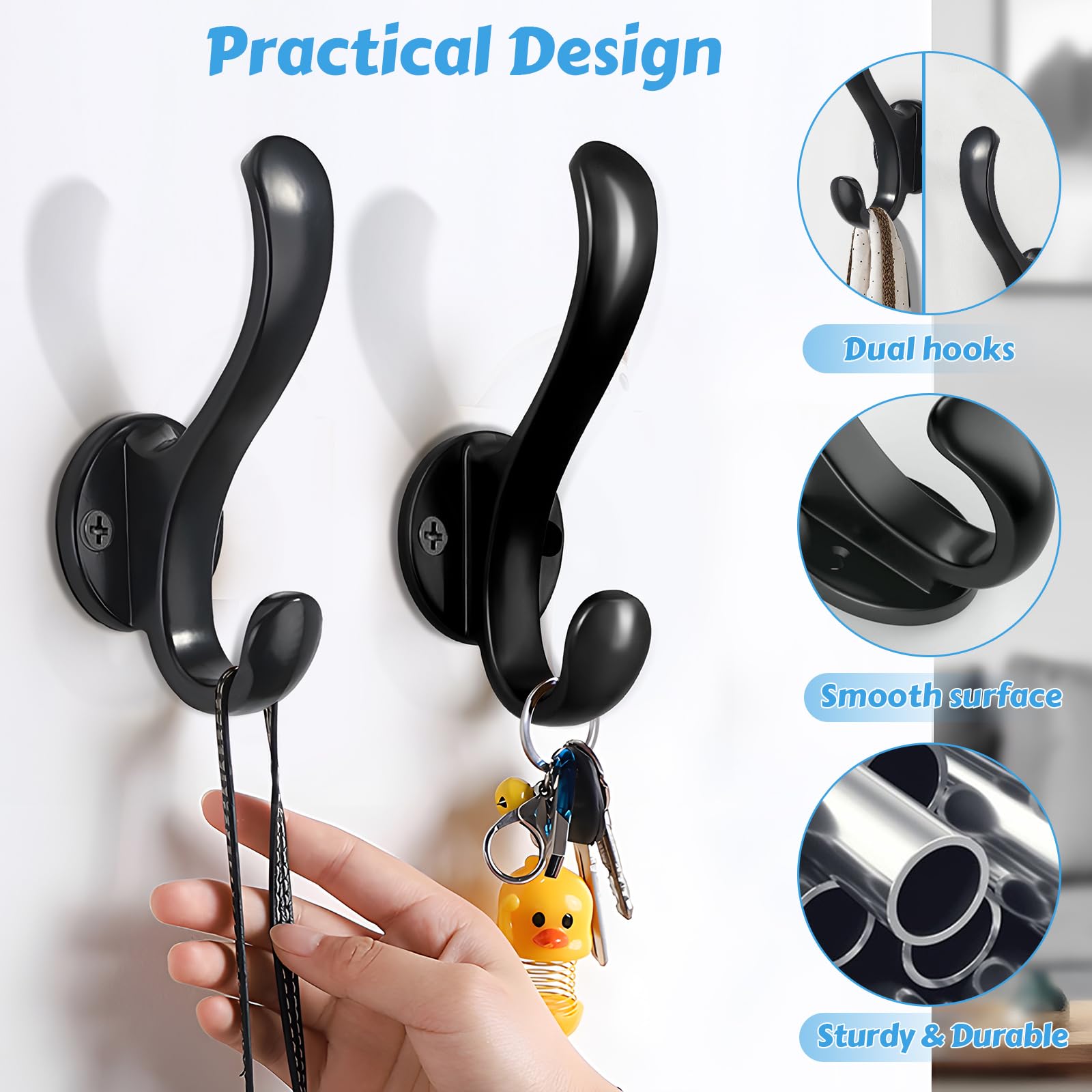 PEOIAOY 6 Pack Coat Hooks Wall Mount Heavy Duty Utility Retro Double Hooks for Hanging Coats,Hat, Towel, Key, Robe, Scarf, Bag, Cap (Black)