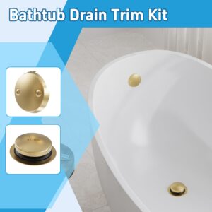 Kedra Gold Bathtub Drain Tip-Toe Tub Trim Kit with Two-Hole Overflow Faceplate, All Brass Bathtub Drain Stopper Plug with Universal Fine/Coarse Thread, Lift & Turn Tub Conversion Set, Brushed Gold