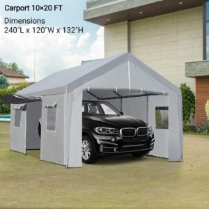 ACONEE Carport 10×20 FT Portable Garage, Heavy Duty Garage Car Port Canopy with Roll-up Doors & Removable Sidewalls, Garage Boat Shelter Tent, 180g PE Waterproof Canopy for Pickup Truck, Grey