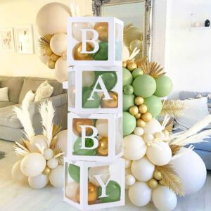 Baby Shower Decorations Boy Girl - 4Pcs Transparent Baby Balloon Boxes and 112Pcs Green White Gold Balloons Arch Kit for Sage Green Baby Shower Decorations, Christening, Gender Reveal Party Supplies