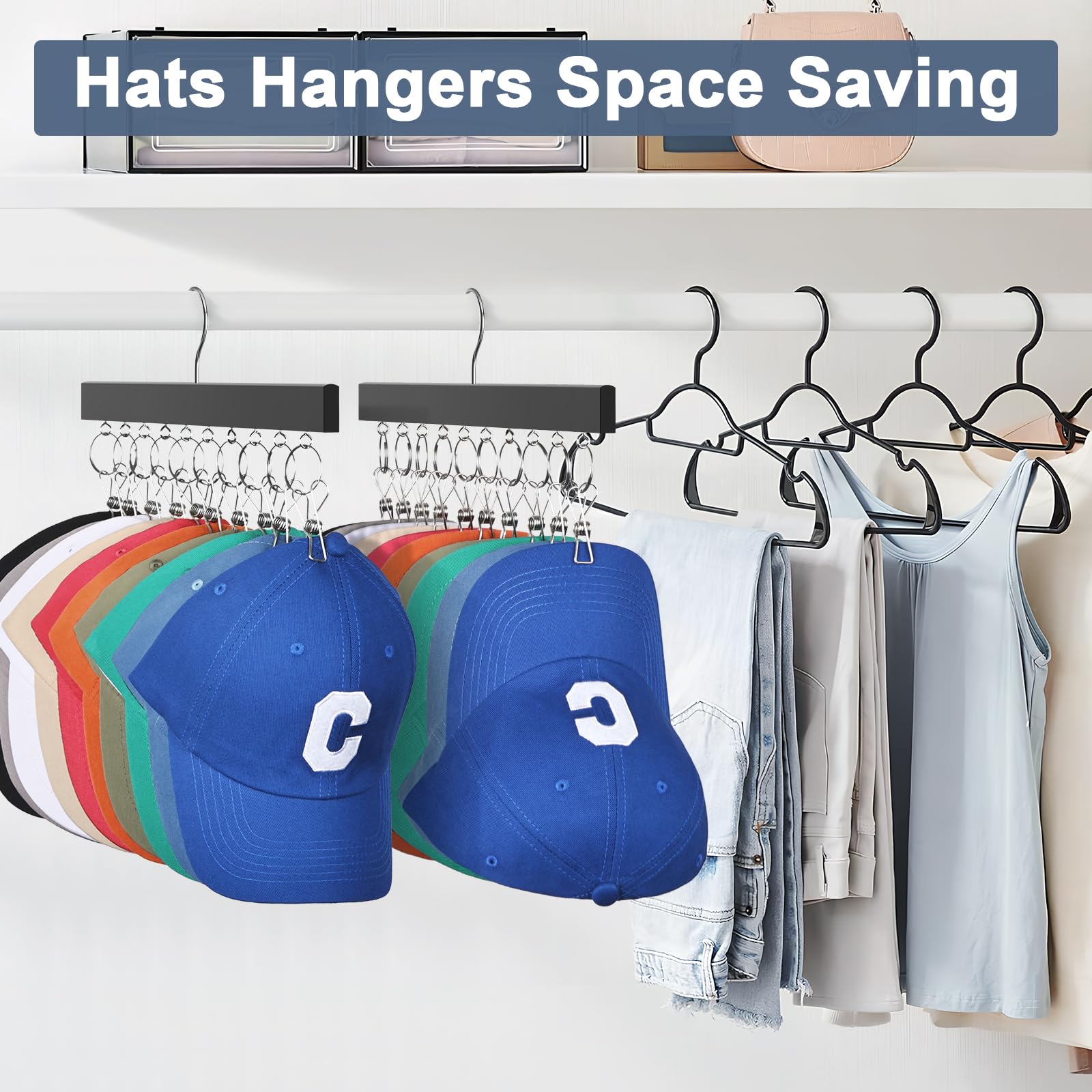 RESOVO 2 Pack Hat Organizer for Baseball Caps, Hat Hanger Space Saving with 10 Clips Ball Caps Rack Holder for Closet - Closet Organizer and Storage Solution Fits All Caps for Men Women -Black