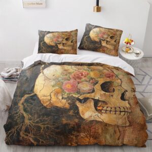 omersa skull duvet cover california king size, rose bedding set 3-piece, soft microfiber patterned comforter cover with zipper, and 2 pillowcases, boy girl bedroom decoration