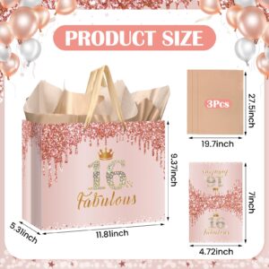 Yoirrat Rose Gold 16 & Fabulous 16th Birthday Gift Bag for Girls Large Pink Happy Sweet 16th Birthday Gift Bag with 16th Birthday Wrapping Paper Card for 16th Birthday Decorations Party Supplies