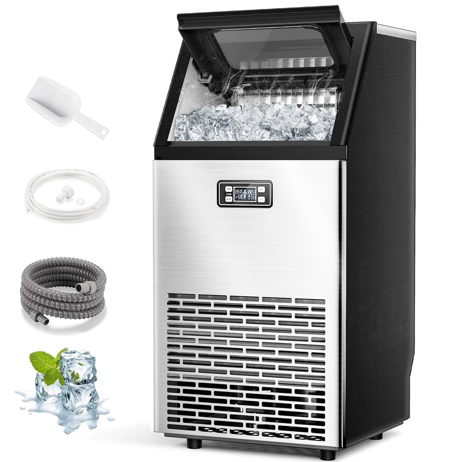 Joy Pebble Commercial Ice Machine,100 lbs/Day, Under-Counter Commercial Ice Maker with 24 Hour Timer,Ice Thickness Control,One Quick Self-Cleaning Function for Bar/Cafes/Home,Stainless Steel