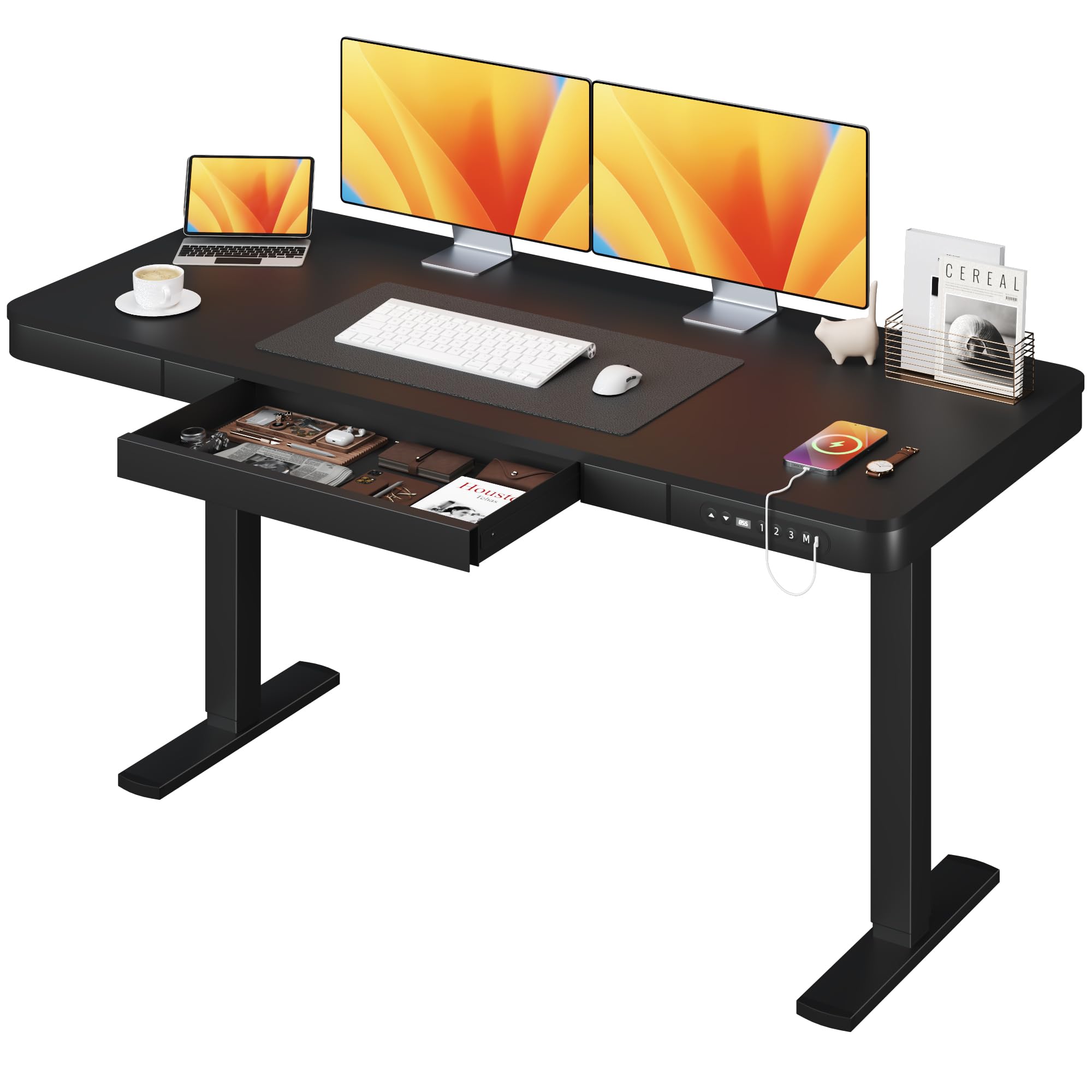 Shahoo Electric Standing Desk with Drawer, 55 x 24 inches with USB Charging Ports, Height Adjustable for Home & Office, Black