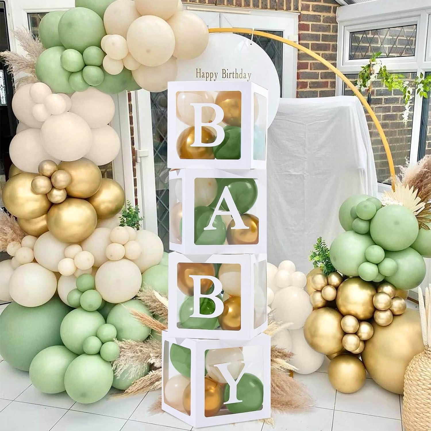 Baby Shower Decorations Boy Girl - 4Pcs Transparent Baby Balloon Boxes and 112Pcs Green White Gold Balloons Arch Kit for Sage Green Baby Shower Decorations, Christening, Gender Reveal Party Supplies