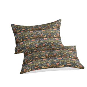 LITINGZHILONG William Morris Floral Bed 3 Piece Set, Vintage Flower Strawberry Bird Vintage Bohemian Plant Vintage Theme Bed Cover, 2 Pillowcases 1 Duvet Cover Bedding Bohemia Queen