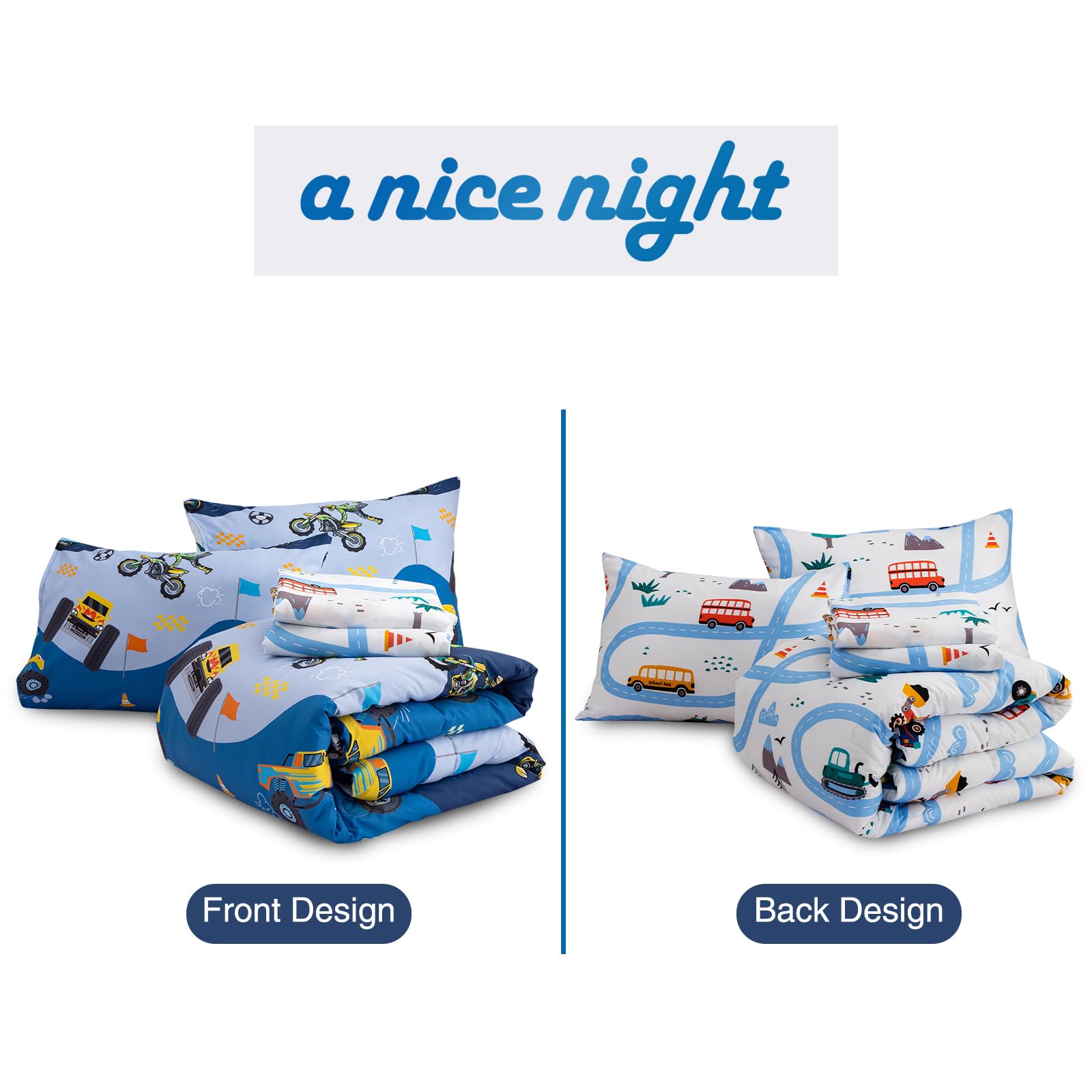 A Nice Night 5Pcs Bed in A Bag Cartoon Cartoon Car Kids Comforter Set Construction Bedding Set, Race Car Motorcycle Truck Pickup Printed, Twin,Dark Blue