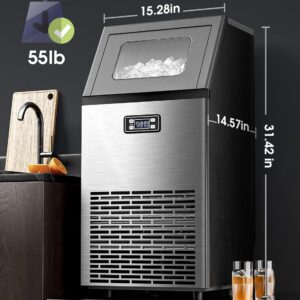 Joy Pebble Commercial Ice Machine,100 lbs/Day, Under-Counter Commercial Ice Maker with 24 Hour Timer,Ice Thickness Control,One Quick Self-Cleaning Function for Bar/Cafes/Home,Stainless Steel