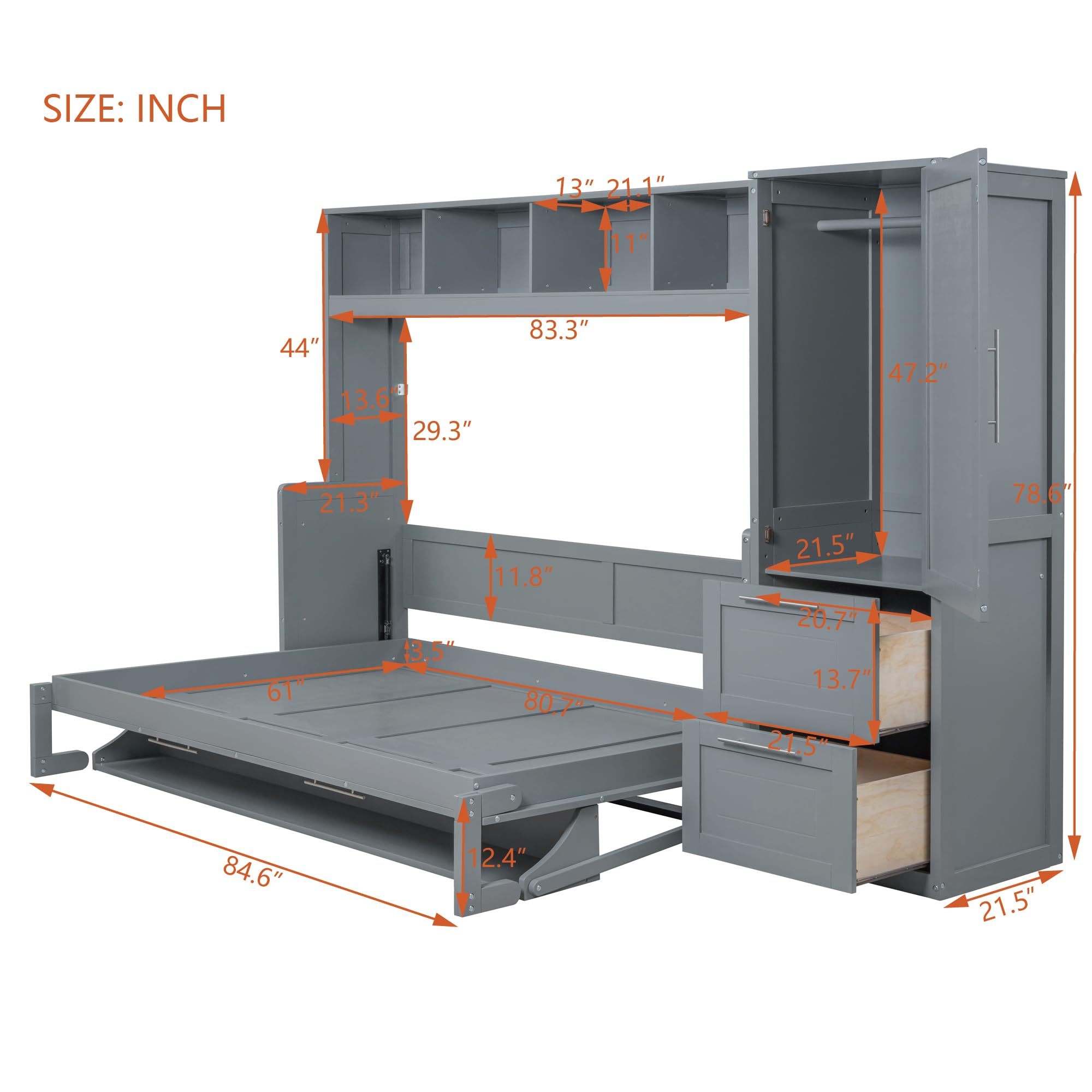 Queen Size Murphy Bed Wall with Closet and Drawers, Gray