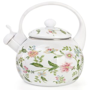 jucoan 2.3 quart vintage enamel tea kettle, whistling tea kettle for stove top, floral enamel on steel teakettle teapot for home kitchen, gift for christmas wedding housewarming