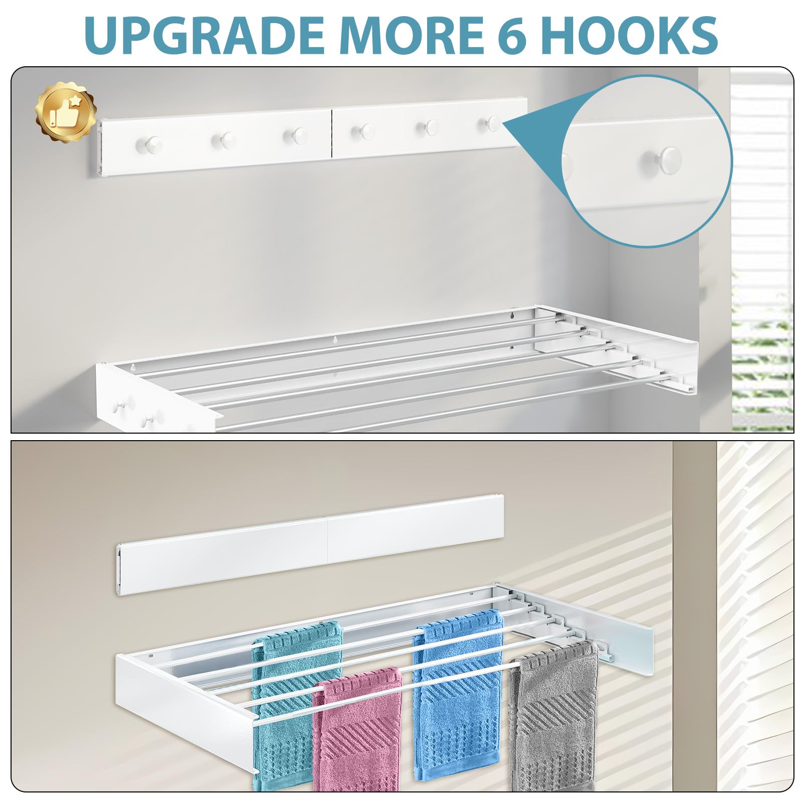 Wall Mounted Drying Rack 31.5", Upgrade 6 Knob Hooks, 5 Aluminum Poles, 40 lb. Load Capacity, Foldable, Retractable, Space Saving Clothes Drying Rack (31.5" White)