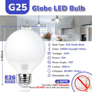 MAXvolador G25 LED Globe Light Bulb 60W Equivalent, Daylight White 5000K E26 Vanity Light Bulbs for Bathroom Makeup Mirror, Round Bulb Non-Dimmable 8-Pack