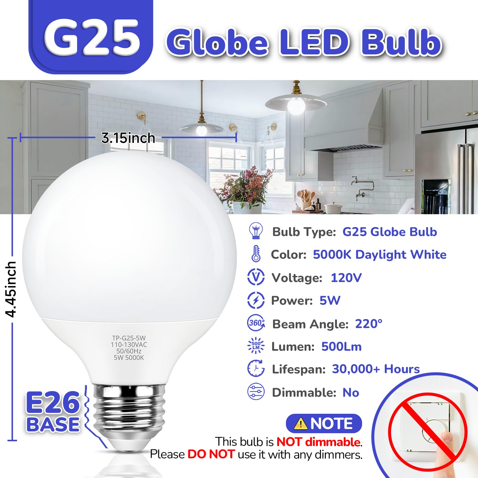 MAXvolador G25 LED Globe Light Bulb 60W Equivalent, Daylight White 5000K E26 Vanity Light Bulbs for Bathroom Makeup Mirror, Round Bulb Non-Dimmable 8-Pack