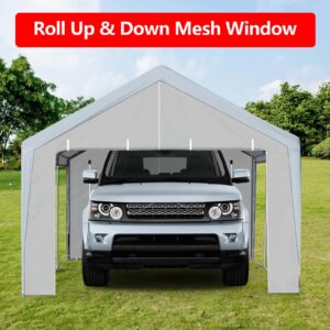 ACONEE Carport 10×20 FT Portable Garage, Heavy Duty Garage Car Port Canopy with Roll-up Doors & Removable Sidewalls, Garage Boat Shelter Tent, 180g PE Waterproof Canopy for Pickup Truck, Grey