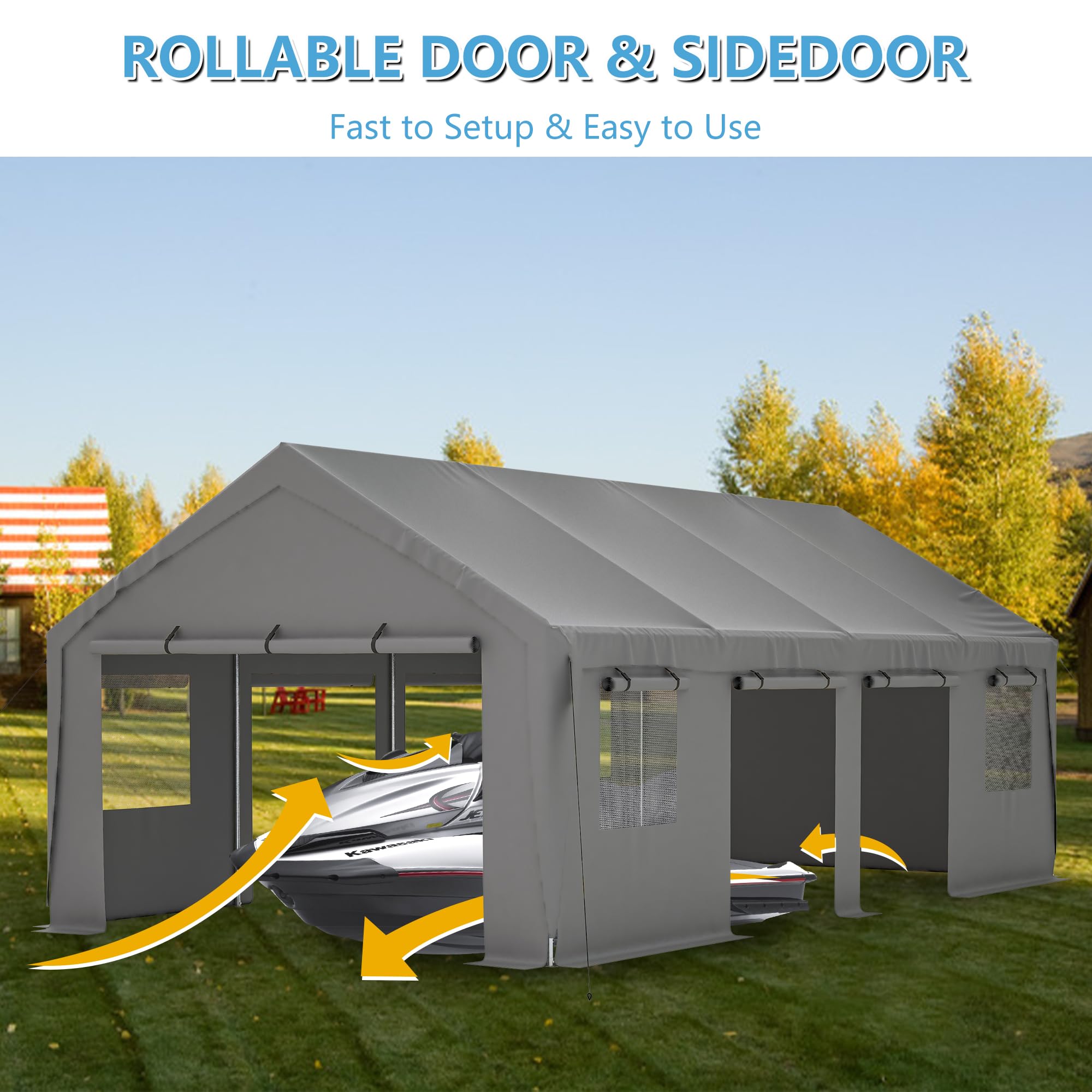 Thanaddo Carport 13'x 25' Heavy Duty Car Port with Roll-up Sidewall and Ventilated Windows with Removable Sidewalls,Portable Outdoor Garage for Car,Truck,Boat,Car Canopy,Gray Carports