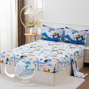 A Nice Night 5Pcs Bed in A Bag Cartoon Cartoon Car Kids Comforter Set Construction Bedding Set, Race Car Motorcycle Truck Pickup Printed, Twin,Dark Blue