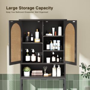 Rattan Toilet Storage Cabinet, Over The Rack Wood Cabinet with Metal Stand, Bathroom Organizer with Adjustable Shelf, Tall Freestanding Washer Shelf, Small Cupboard, Space Saver, Natural style, Black