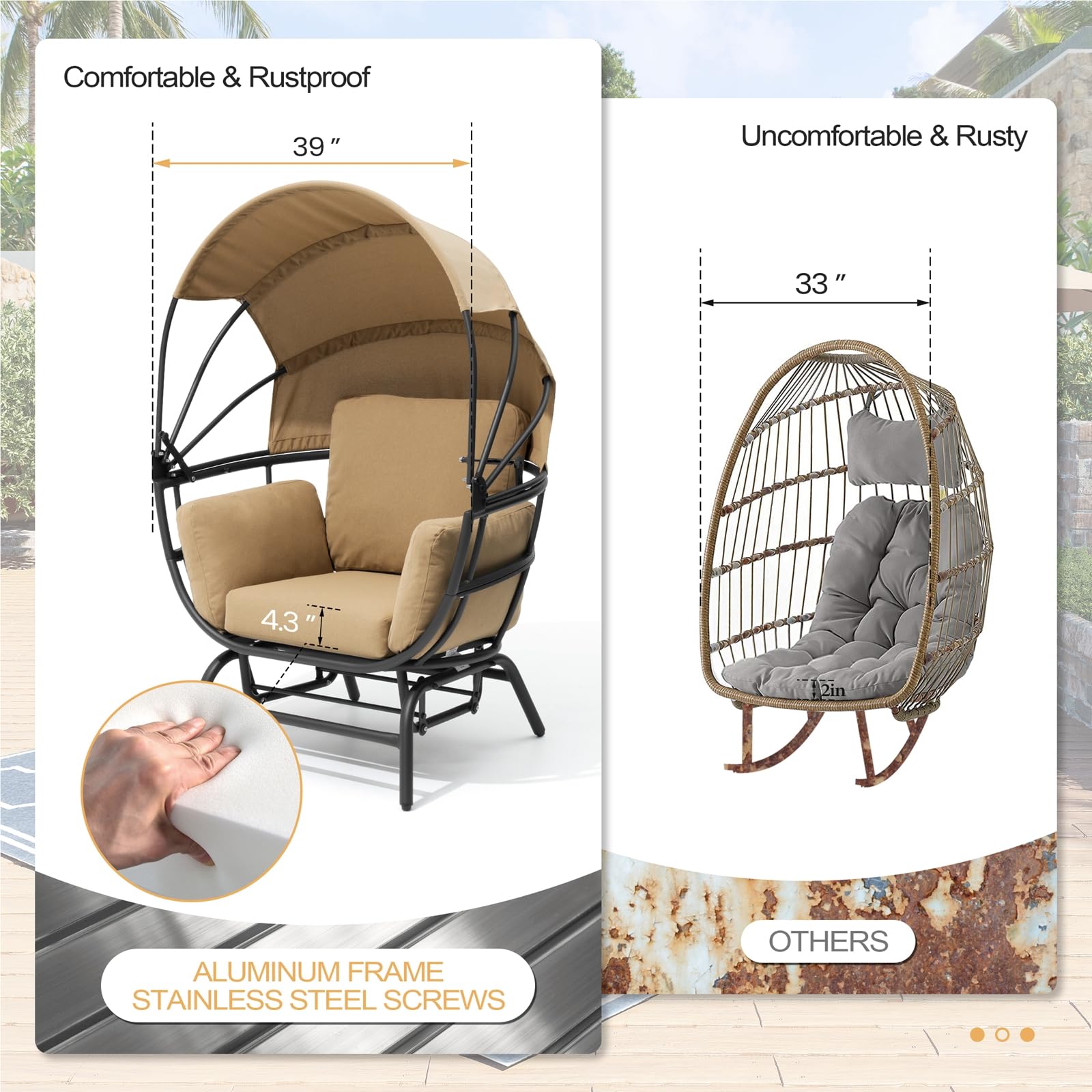 Crestlive Products Egg Chair Outdoor Indoor, Glider Chair with Folding Canopy, All Weather Aluminum Oversized Lounge Chair w/Cushion & Sun Shade Cover for Living Room, 350lbs Capacity (Black&Tan