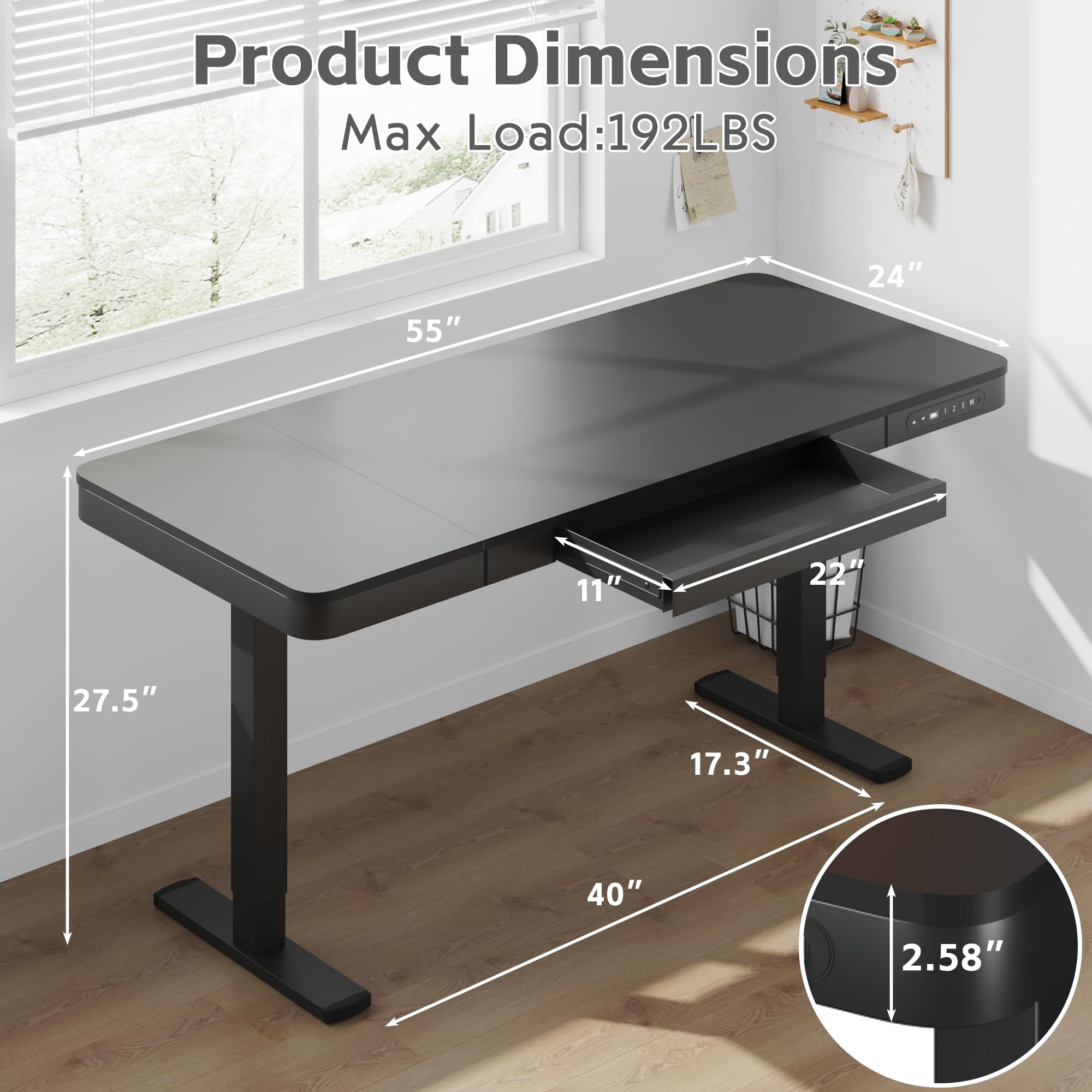 Shahoo Electric Standing Desk with Drawer, 55 x 24 inches with USB Charging Ports, Height Adjustable for Home & Office, Black