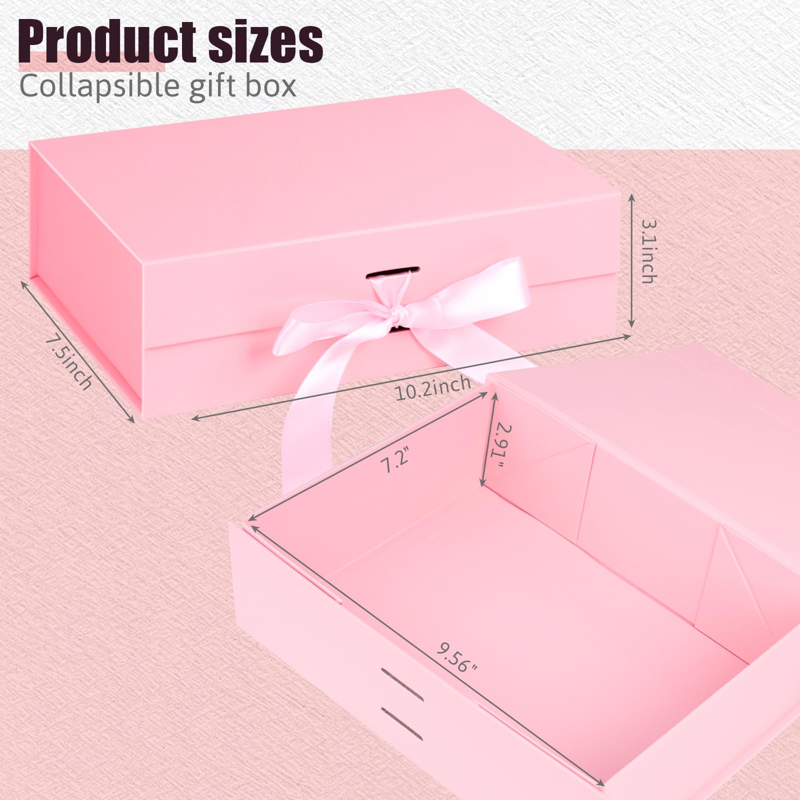 Shindel Pink Gift Box, 10.5x7.5x3.1 Inches Gift Box with Lid for Presents, Magnetic Gift Box with Ribbon, Bridesmaid Box with Lid Greeting Card