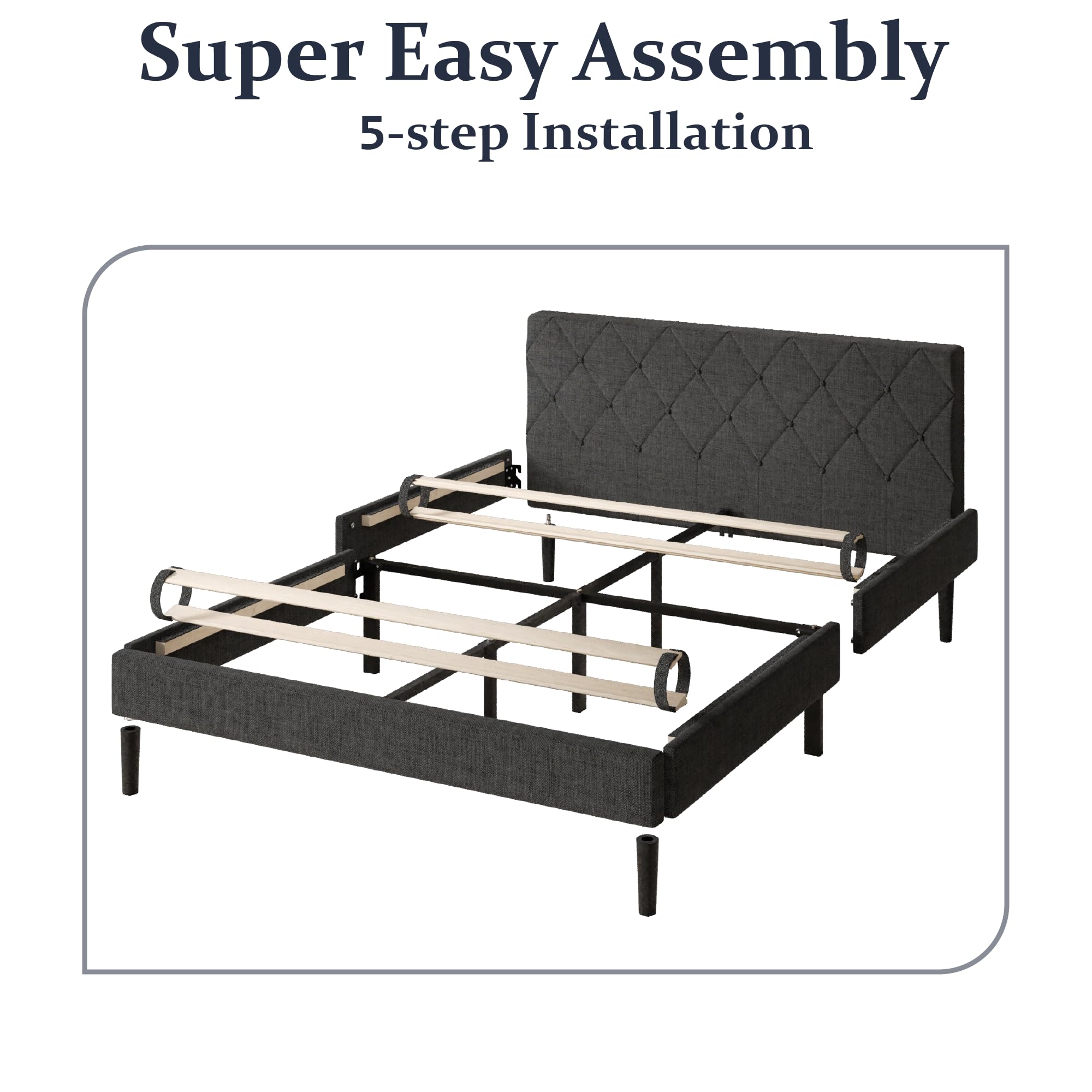 ZIEUNS Queen Size Bed Frame, Upholstered Platform Bed Frame with Button Tufted Headboard, Mattress Foundation, Wooden Slats Support, No Box Spring Needed, Super Easy Assembly, Dark Grey