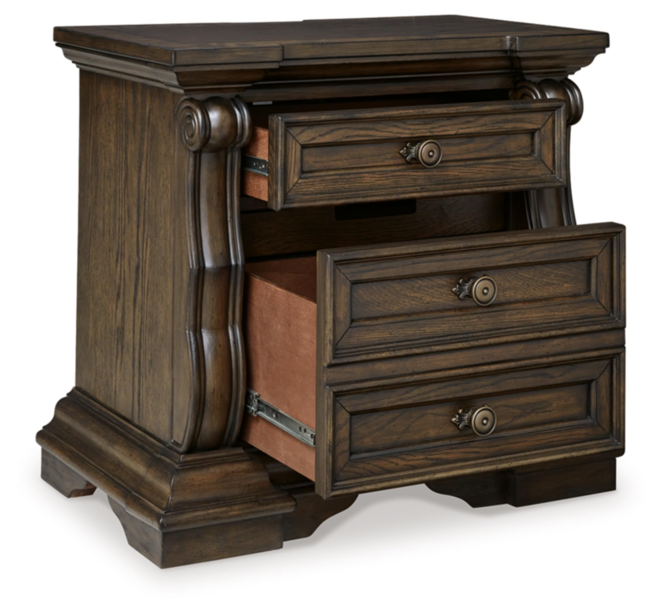 Signature Design by Ashley Maylee Classic 2 Drawer Nightstand with Pull-Out Tray, Power Supply and USB Ports, 29.5" Tall, Dark Brown