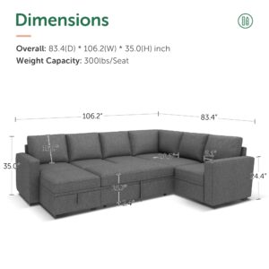 HONBAY Modular Sectional Sleeper Sofa with Pull Out Bed, U Shaped Sectional Couch with Storage Ottoman Convertible 7-Seater Sofa, Dark Grey