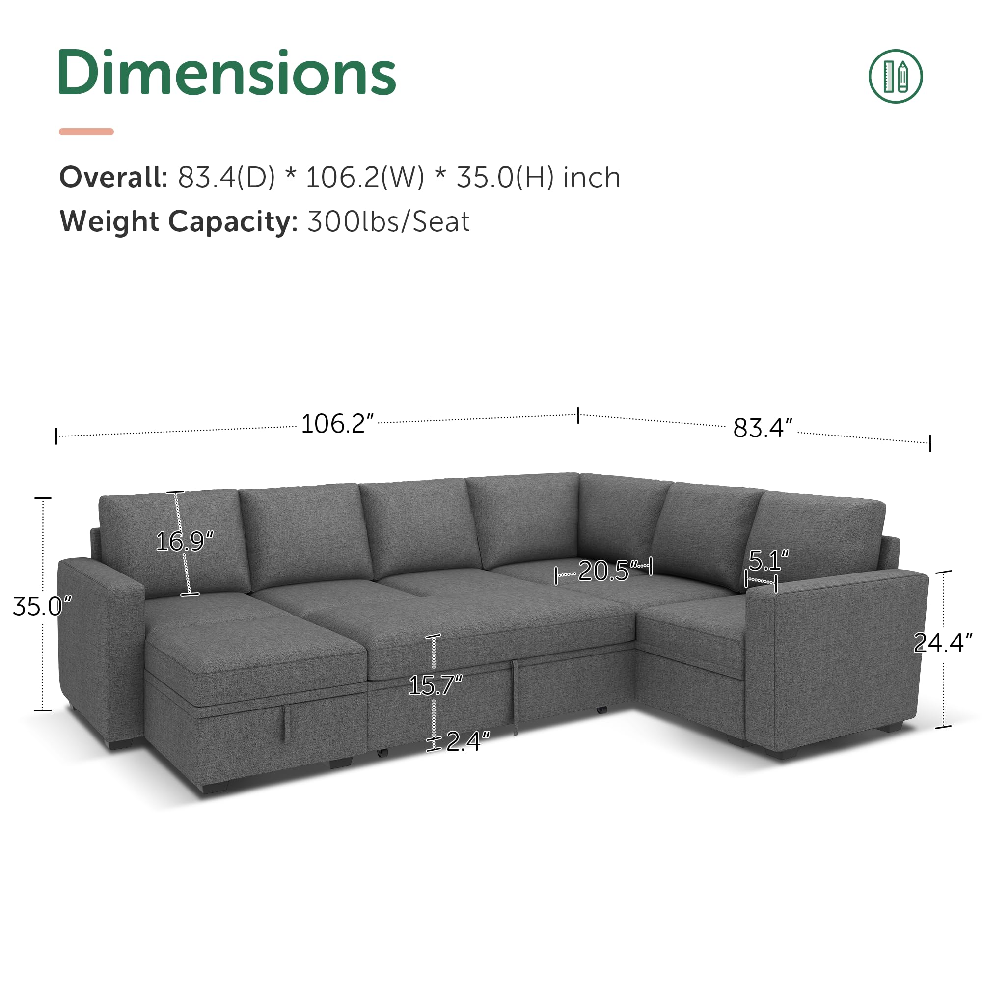 HONBAY Modular Sectional Sleeper Sofa with Pull Out Bed, U Shaped Sectional Couch with Storage Ottoman Convertible 7-Seater Sofa, Dark Grey