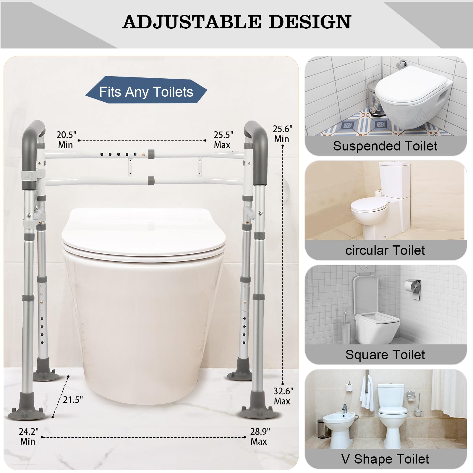 Rirsye Heavy-Duty Toilet Safety Rails- 500 lbs Capacity - Adjustable, Easy Installation Toilet Safety Frame with Handles, Sturdy Bathroom Safety Frame for Elderly, Handicap, Disabled