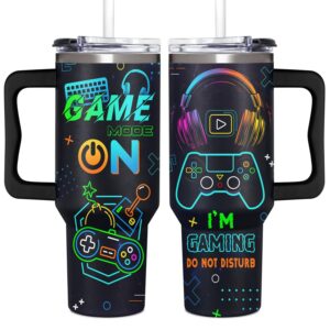 gamer gift for men from daughter, son, kids, wife - 40oz game tumbler with handle and straw for father's day, christmas, birthday, valentines day - 40 oz stainless steel tumbler for gaming men