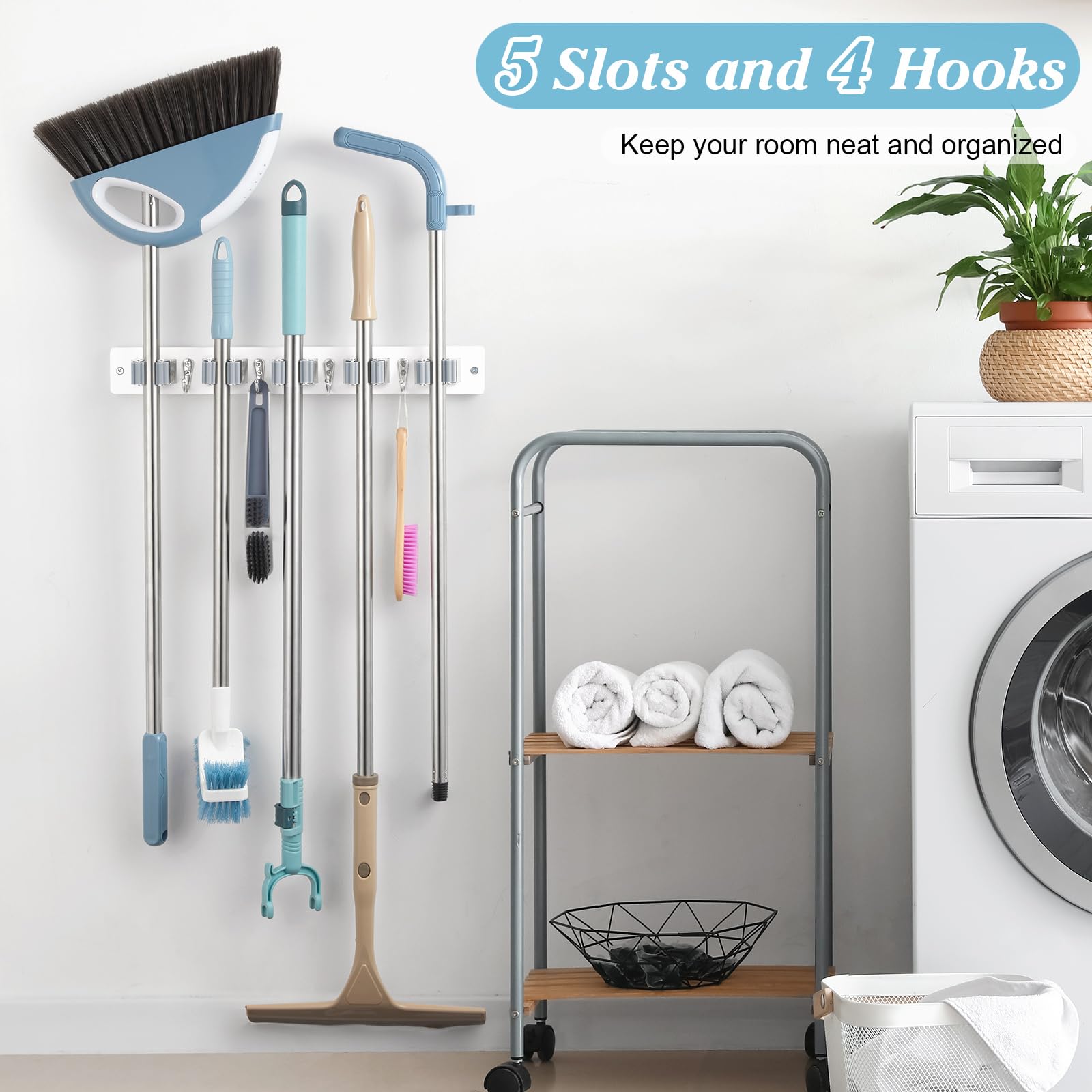 White Broom Holder Wall Mount - Heavy Duty Wood Mop and Broom Organizer with 5 Slots & 4 Hooks - Garden Tool Hanger for Laundry Room Closet Kitchen Garage Storage and Organization - Modern Home Decor