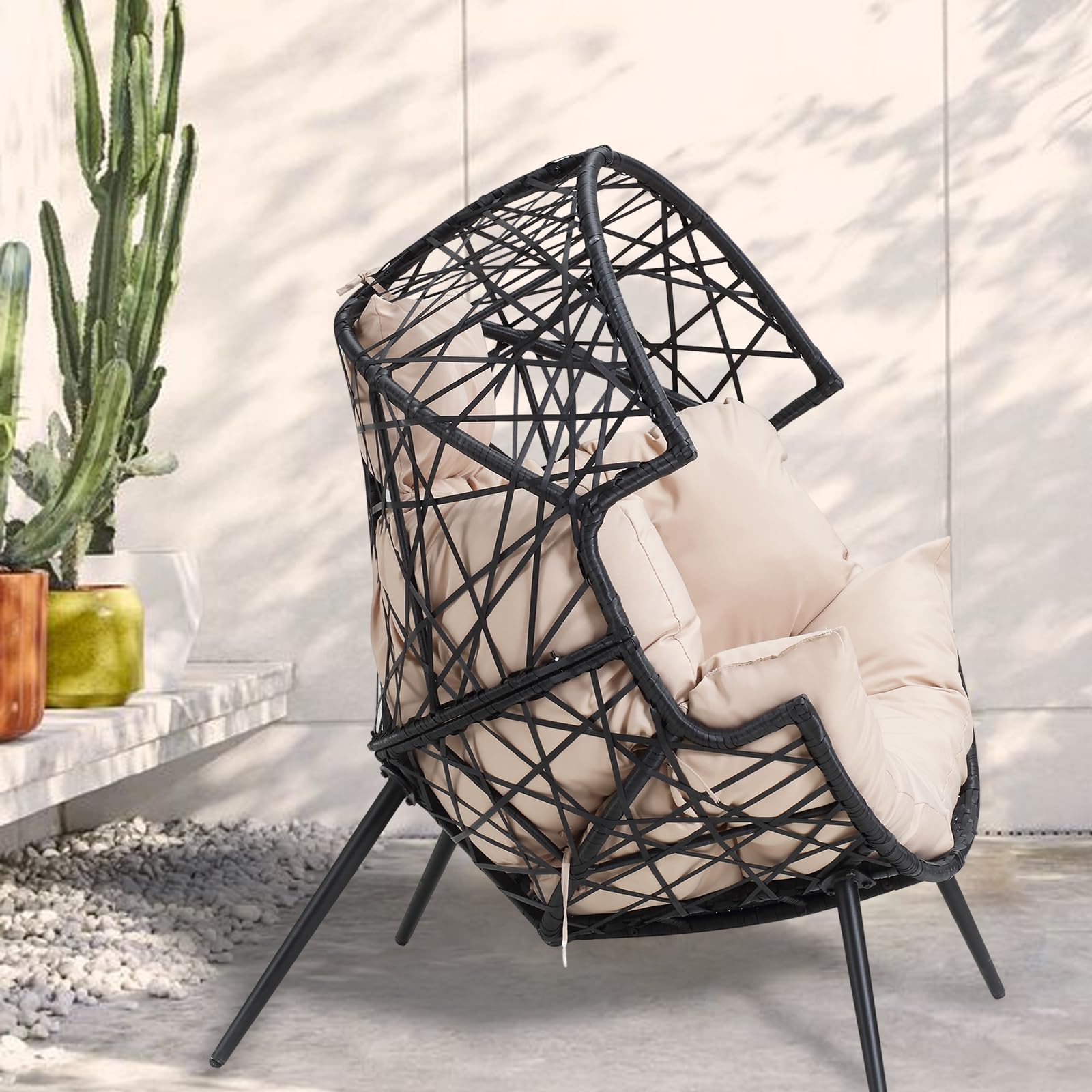 Godappe Egg Chair - Oversized Wicker Egg Basket Chair with Cushion and Stand, All-Weather Egg Dining Chair for Patio, Backyard, Living Room, Porch - Beige