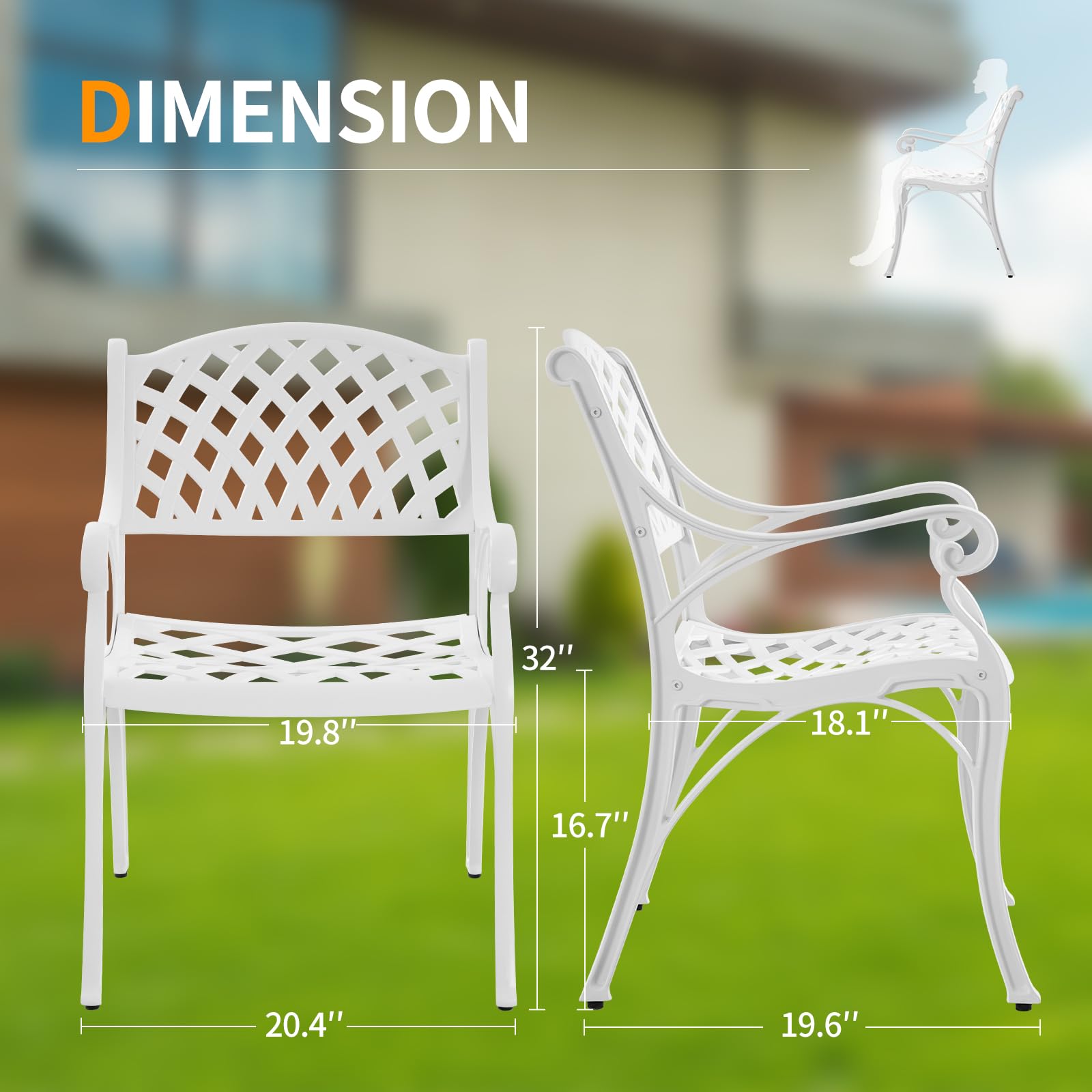 PATIO-IN 2 Pieces Outdoor Bistro Dining Chairs Cast Aluminum Patio Bistro Chair with Armrest,Outdoor Furniture Set Bistro Chairs,Metal Patio Dining Chair for Garden,White