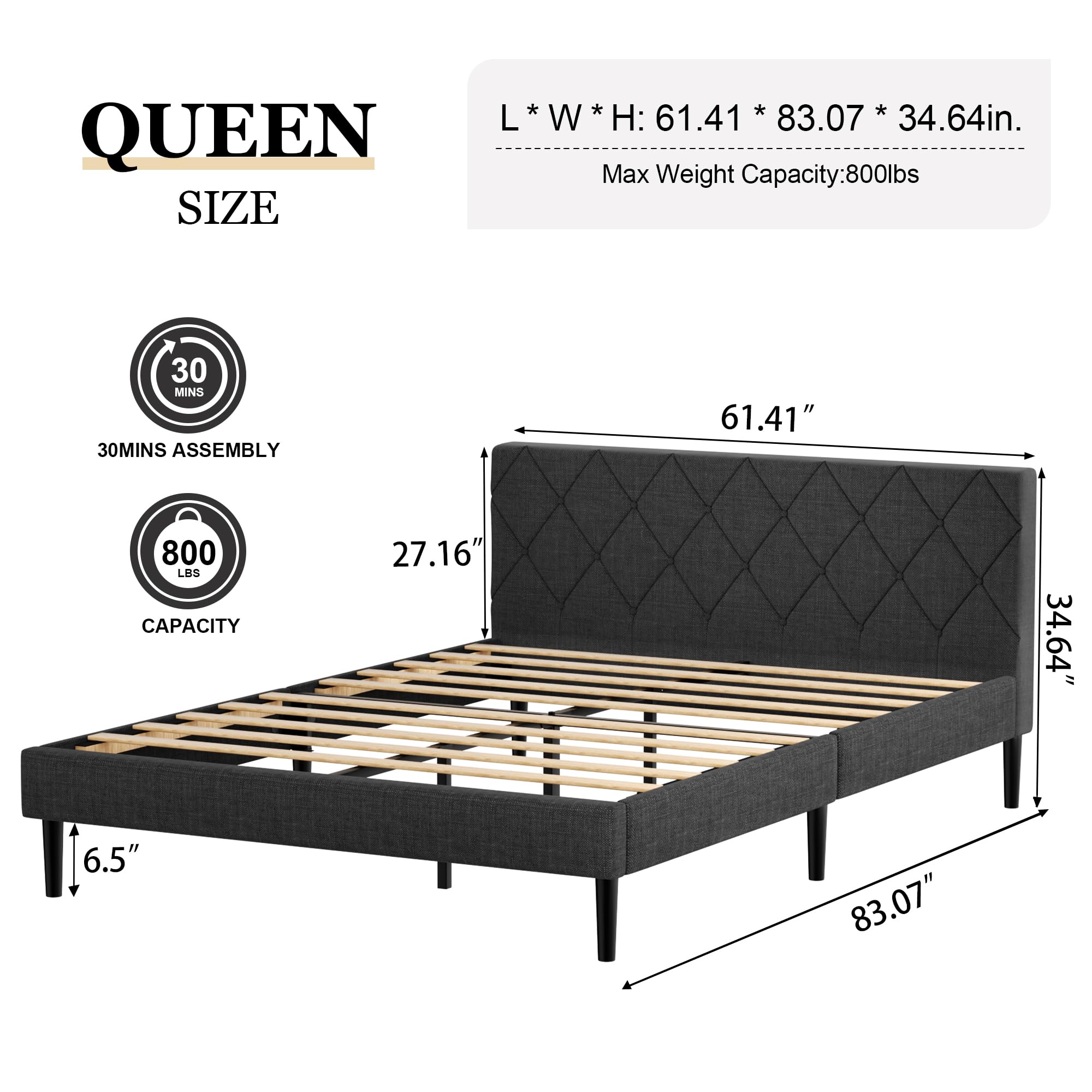 ZIEUNS Queen Size Bed Frame, Upholstered Platform Bed Frame with Button Tufted Headboard, Mattress Foundation, Wooden Slats Support, No Box Spring Needed, Super Easy Assembly, Dark Grey