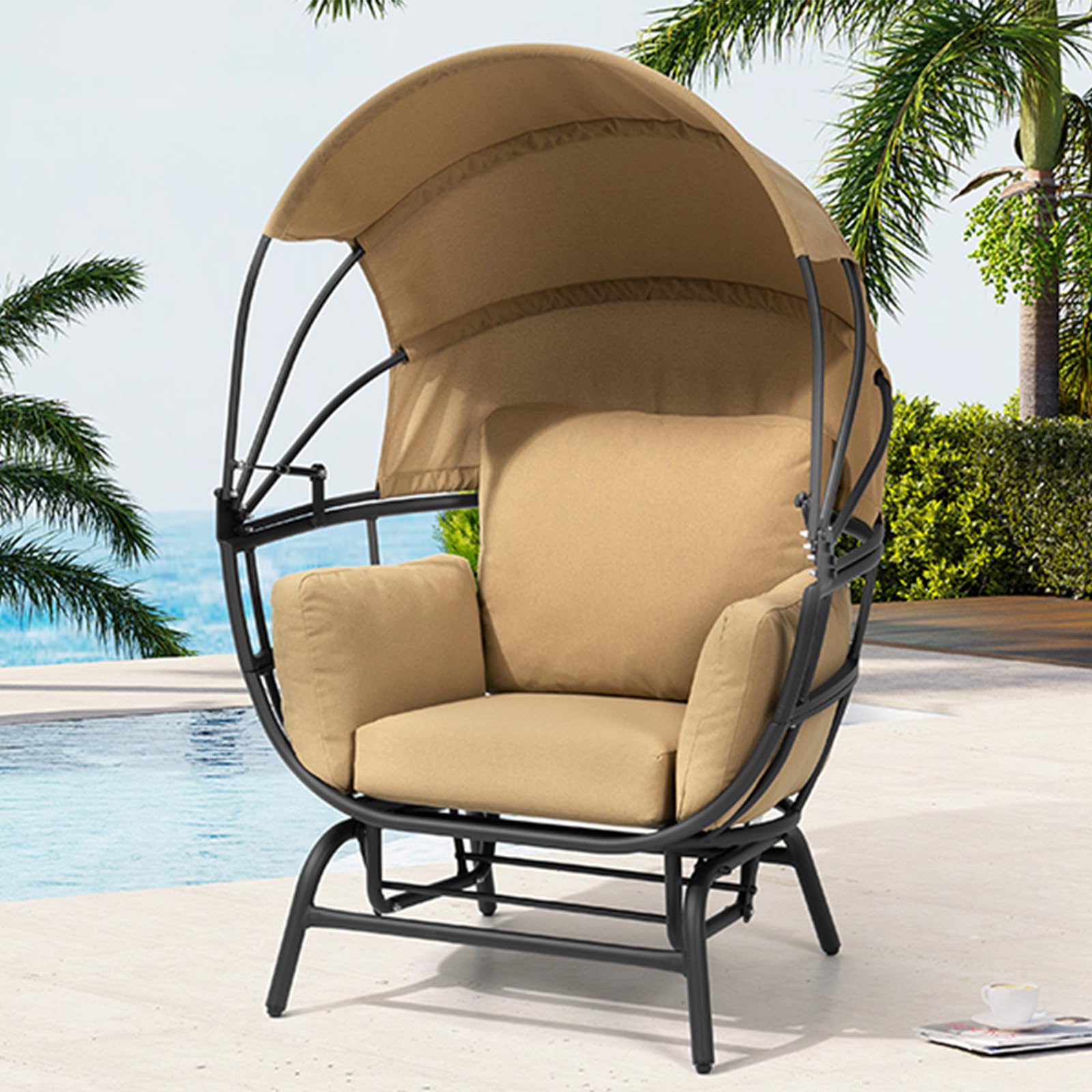 Crestlive Products Egg Chair Outdoor Indoor, Glider Chair with Folding Canopy, All Weather Aluminum Oversized Lounge Chair w/Cushion & Sun Shade Cover for Living Room, 350lbs Capacity (Black&Tan