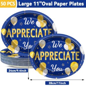 50 Pcs We Appreciate You Party Plates Thank You Plates CNA Appreciation Week Supplies Large 11 Inch Employee Appreciation Party Oval Paper Plate Platter for Teacher Doctor Nurse Staff, Blue Gold