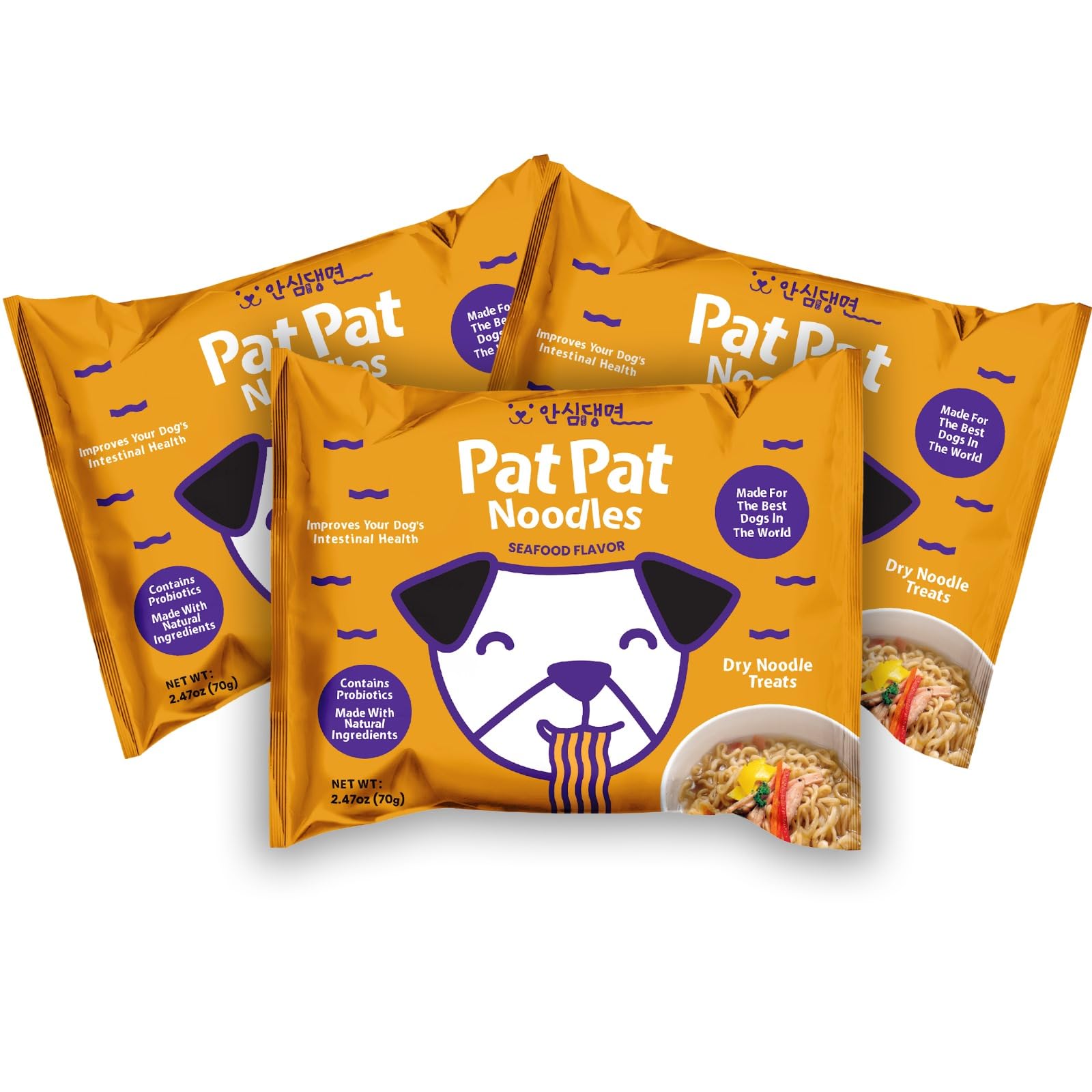 Pat Pat Noodles - Probiotic Ramen Noodles for Dogs (Seafood Flavor), Pack of 3, Amino Acids, vegetables and Collagen - Healthy ingredients for dogs