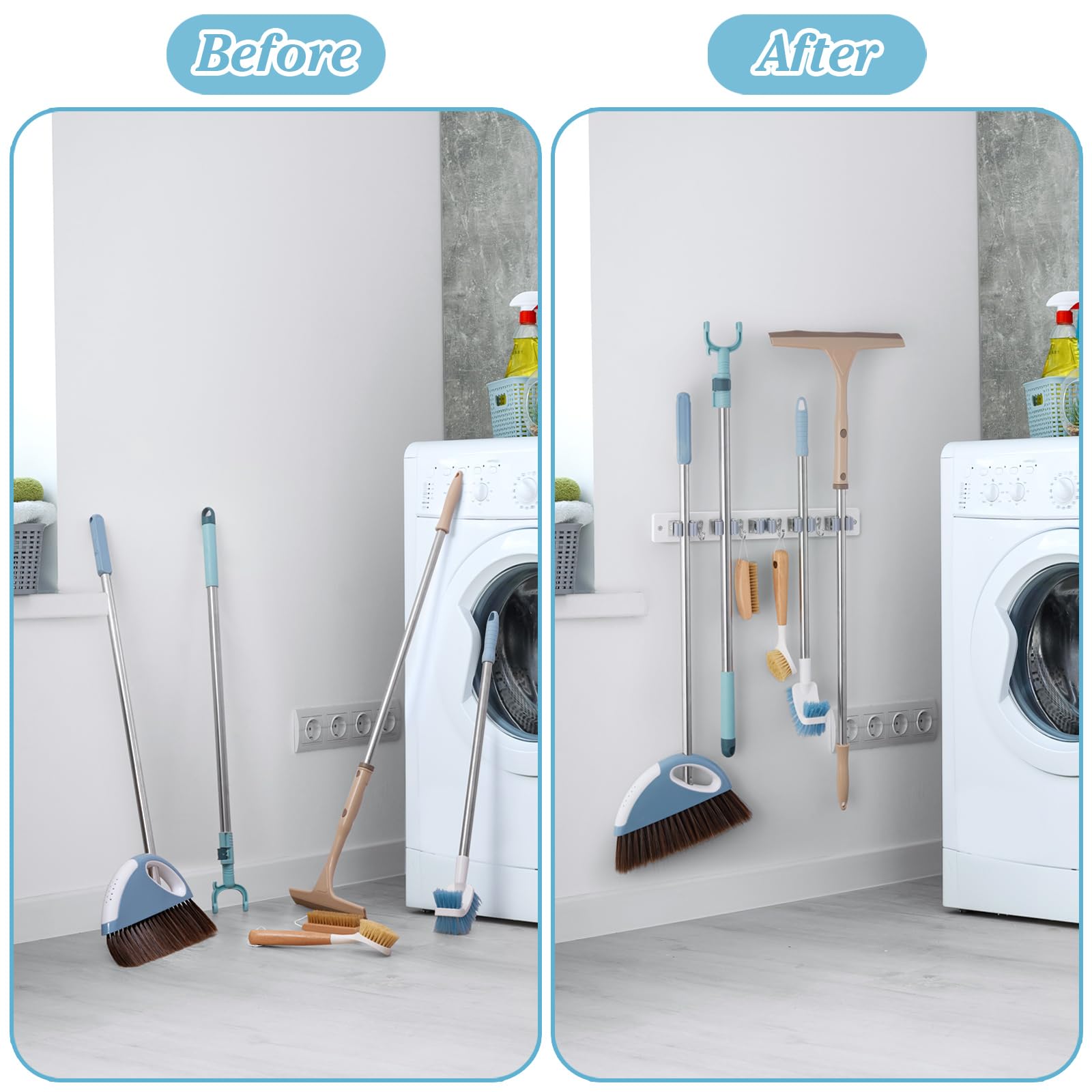 White Broom Holder Wall Mount - Heavy Duty Wood Mop and Broom Organizer with 5 Slots & 4 Hooks - Garden Tool Hanger for Laundry Room Closet Kitchen Garage Storage and Organization - Modern Home Decor