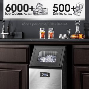 Joy Pebble Commercial Ice Machine,100 lbs/Day, Under-Counter Commercial Ice Maker with 24 Hour Timer,Ice Thickness Control,One Quick Self-Cleaning Function for Bar/Cafes/Home,Stainless Steel