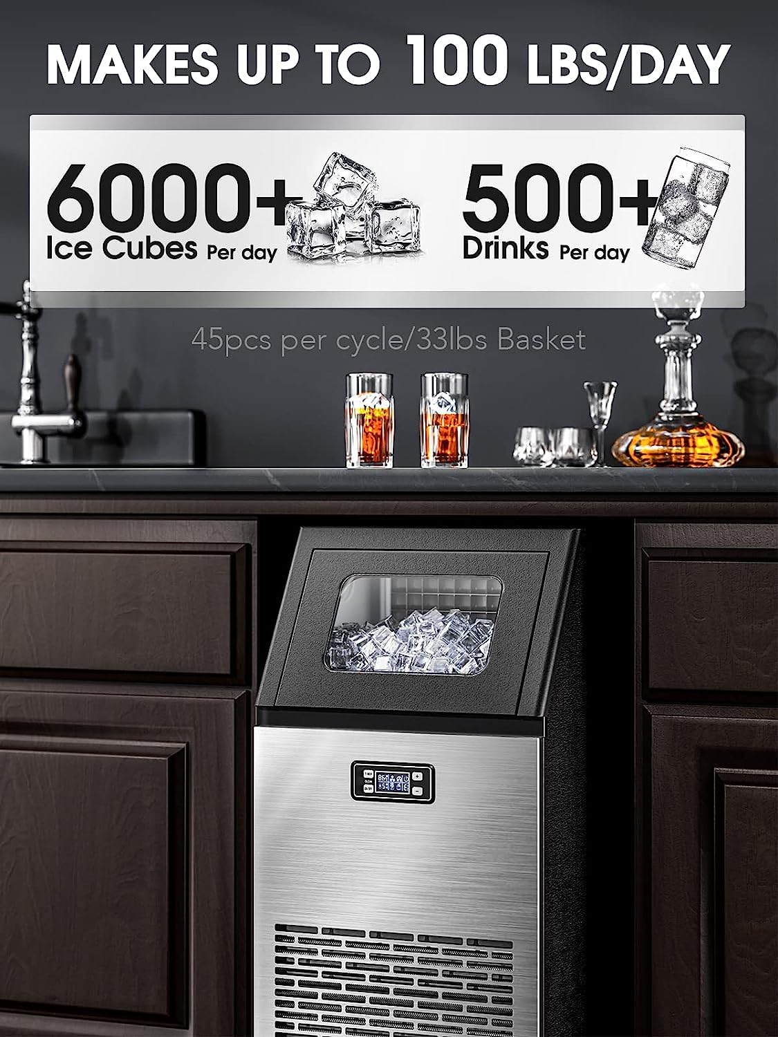 Joy Pebble Commercial Ice Machine,100 lbs/Day, Under-Counter Commercial Ice Maker with 24 Hour Timer,Ice Thickness Control,One Quick Self-Cleaning Function for Bar/Cafes/Home,Stainless Steel