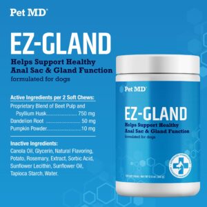 Pet MD EZ Gland - Dog Anal Gland Chews with Pumpkin and Fiber for Dogs for Digestive Support, Constipation Relief, and Stool Firmer - 60 ct Soft Chews