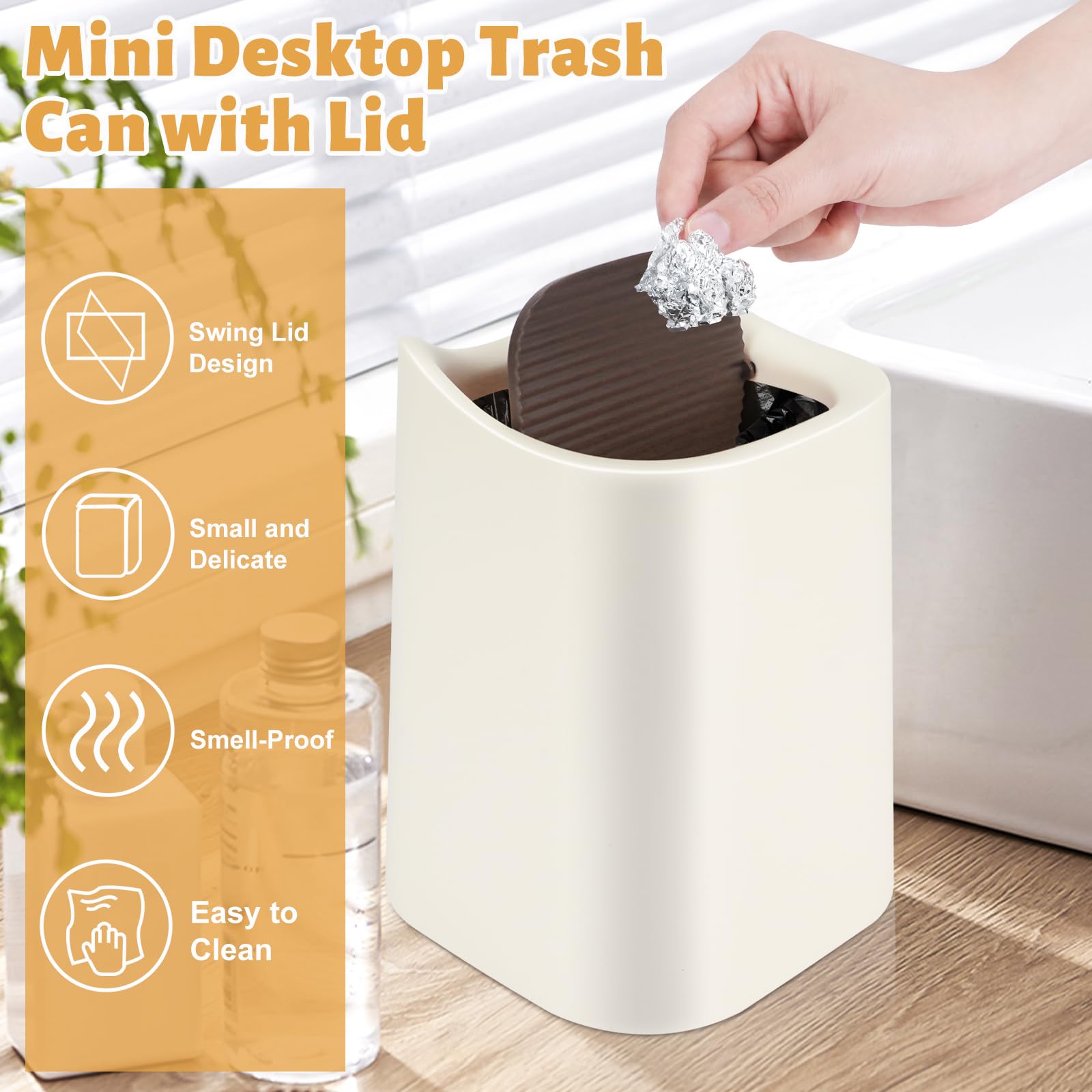 HOSTK 2Pcs Mini Trash Can with Lid, Plastic Mini Wastebasket with 5 Roll Trash Bags, Tiny Desktop Waste Garbage Bin for Kitchen Bathroom Office Home Bedroom Desk Vanity Tabletop