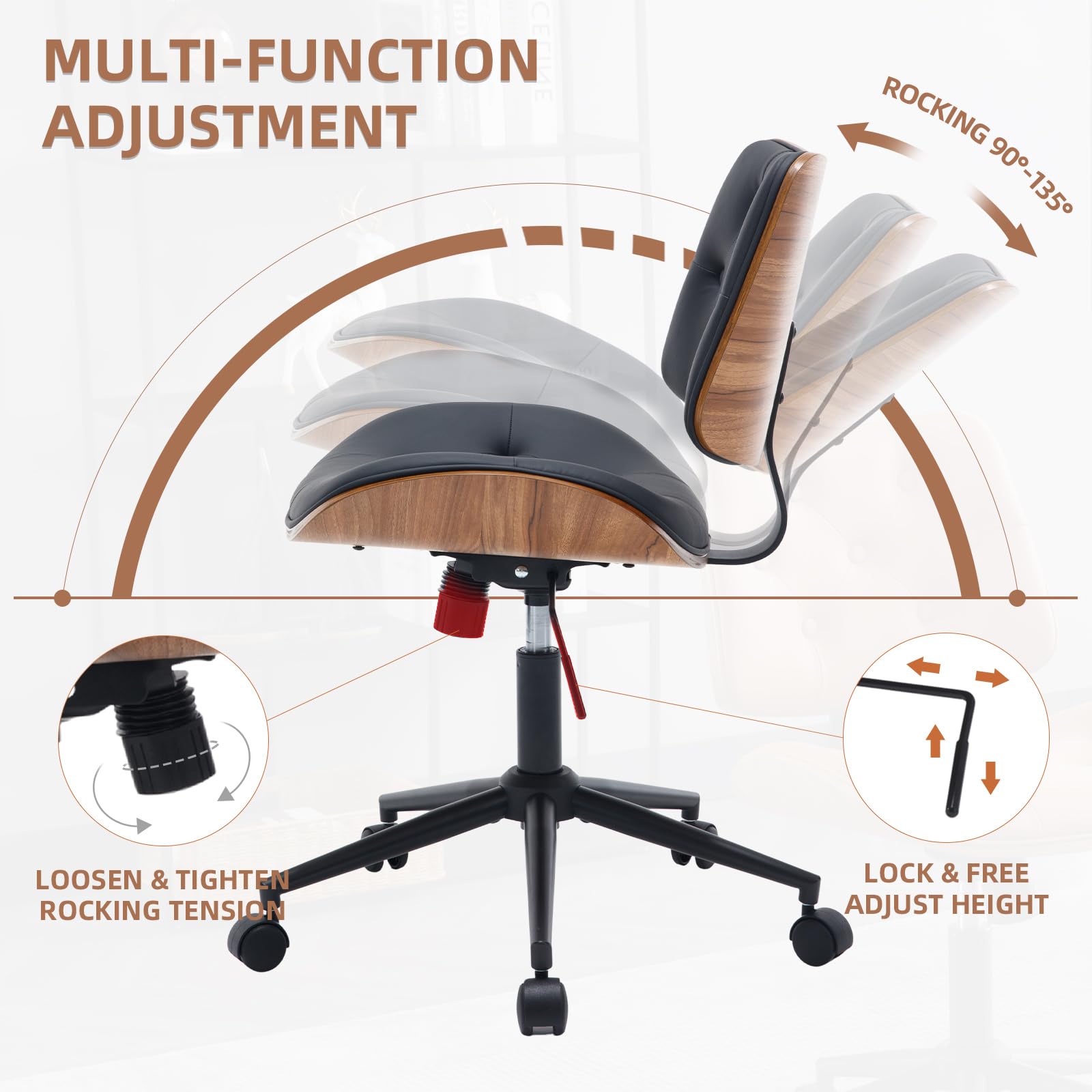 ESTRUCO Armless Home Office Chair Modern Walnut Chair with Wheels Mid Back Swivel Computer Chair No arm Adjustable Height Leather Desk Chair for Reading,Meeting Room (Black)