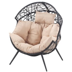 Godappe Egg Chair - Oversized Wicker Egg Basket Chair with Cushion and Stand, All-Weather Egg Dining Chair for Patio, Backyard, Living Room, Porch - Beige