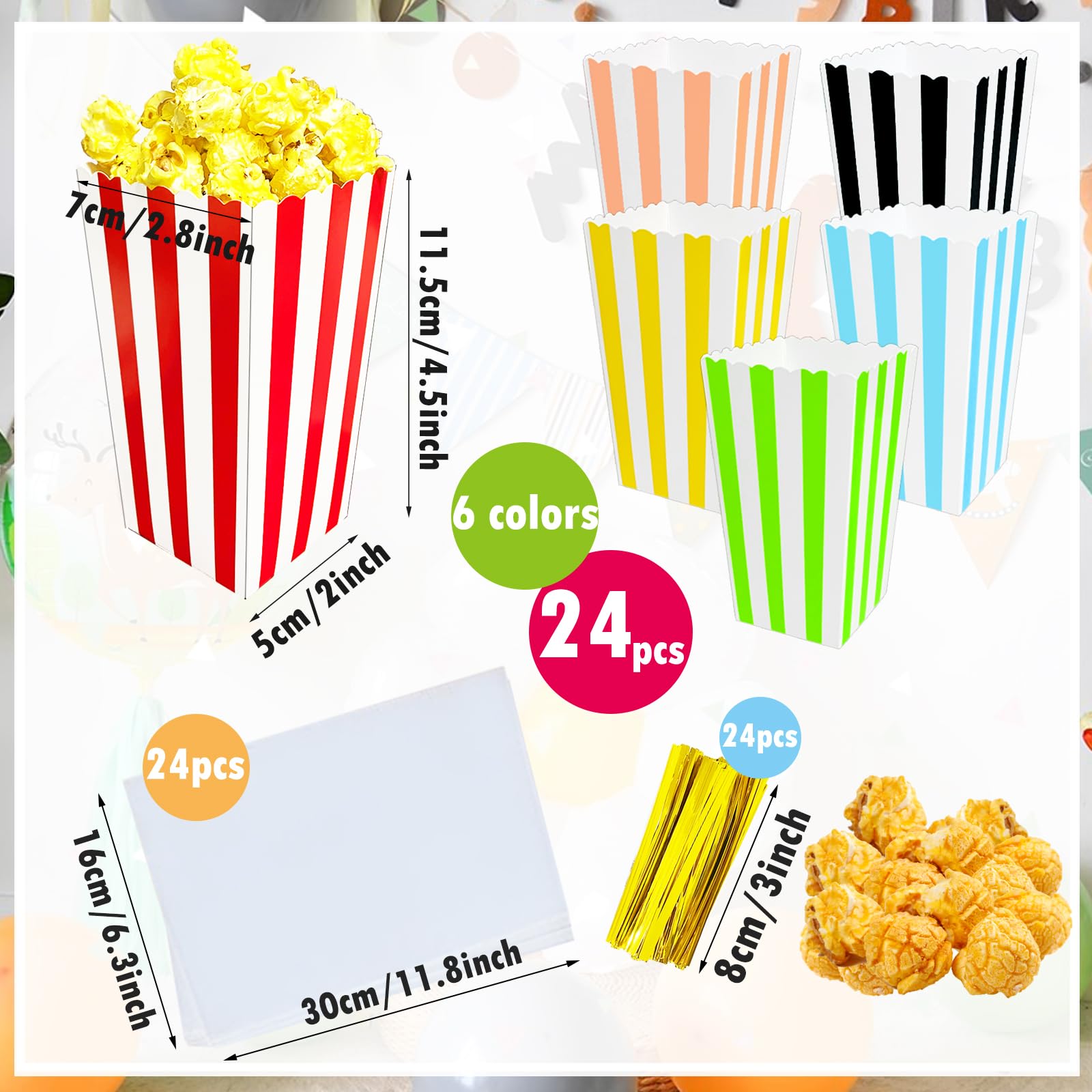 24 Pack Mini Popcorn Boxes,Candy Favor Treat Box with Clear Cellophane Bags,Paper Popcorn Buckets Containers for Birthday,Baby Shower,Party Favor