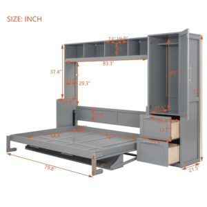 SOFTSEA Full Size Murphy Bed with Desk, Cabinet Murphy Bed with Storage Drawers, Closet, Shelves and Cabinet, Wood Foldable Bed Murphy Bed for Bedroom Guest Room Home Office, Gray